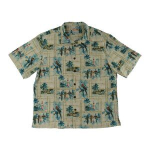 It's 5 O Clock Somewhere Mens Silk Hawaiian Shirt XXL Tan Blue Parrot Birds